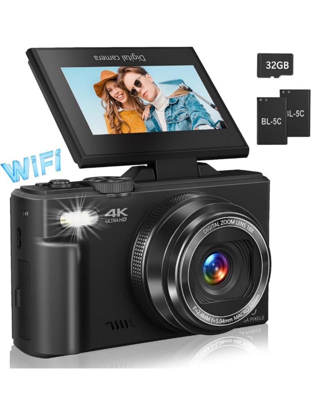 Compact 4K Digital Camera for Photography & Vlogging, 180° Flip Screen, 18X Zoom